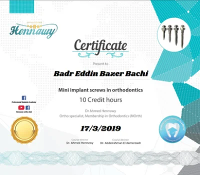 Сертифікат Бадр Еддін Базер Бачі - Стоматолог-ортодонт